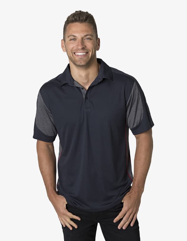A navy blue polo shirt with grey sleeves, featuring a branding logo on the chest.