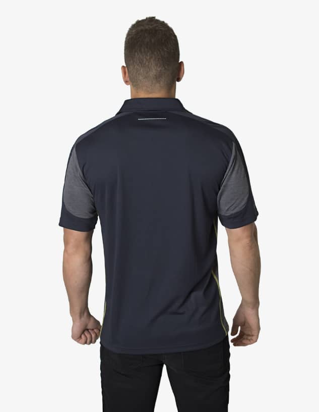 A navy blue polo shirt with grey sleeves, featuring a logo on the back.