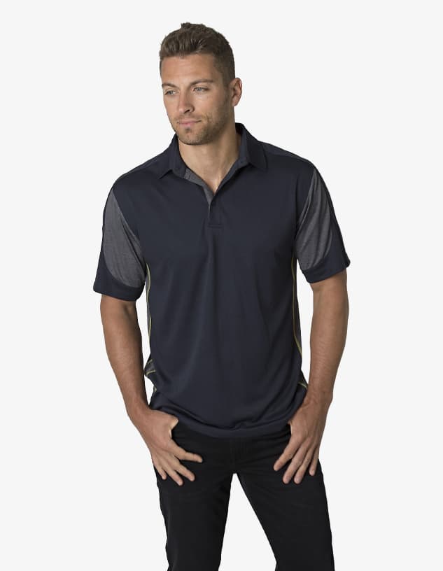 A navy blue polo shirt featuring grey accents, designed with a collar and short sleeves. The shirt has a logo.