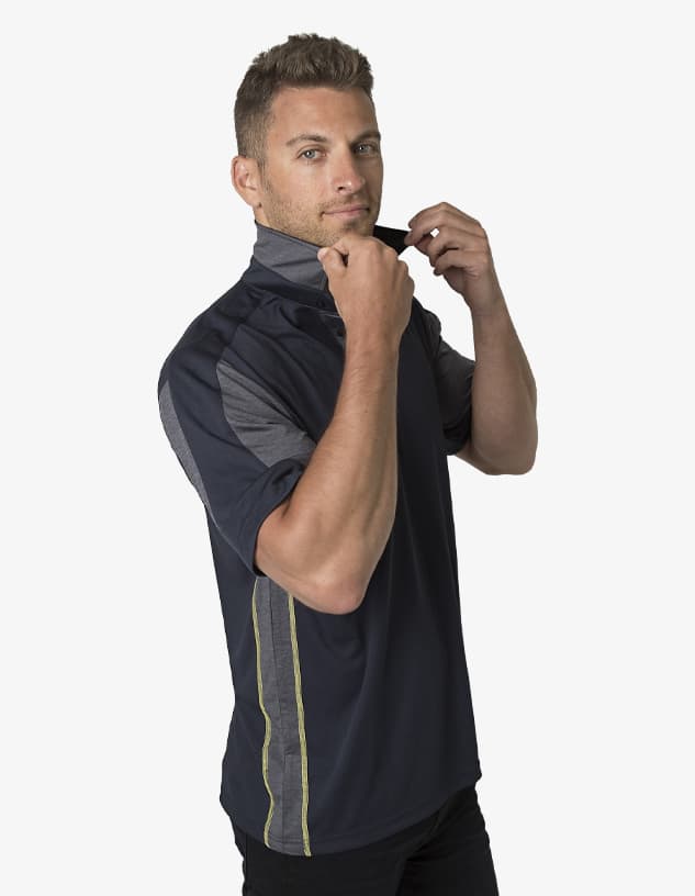 A navy and grey polo shirt with short sleeves and a collar, featuring a logo on the chest.