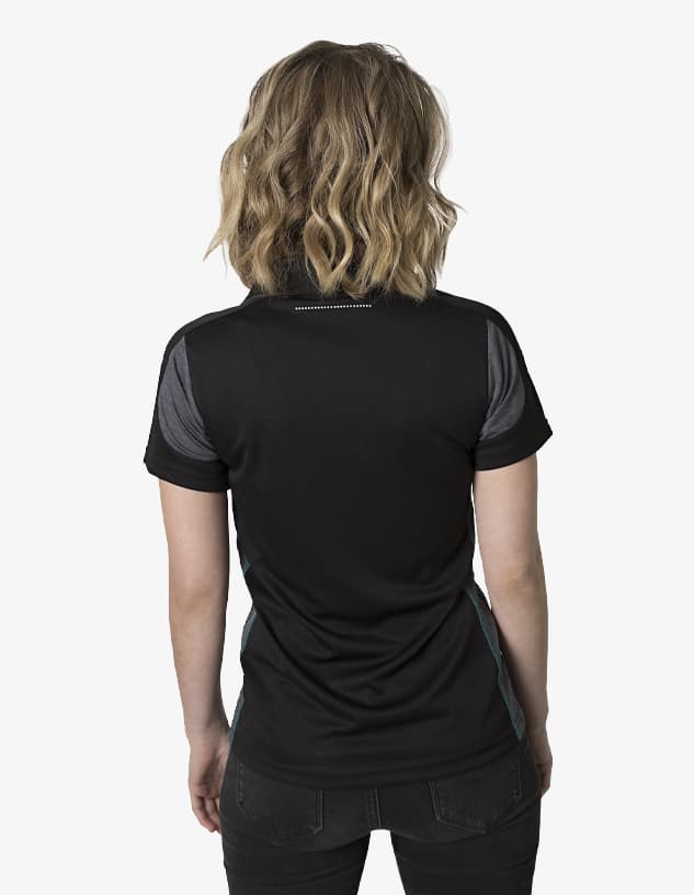 A women's polo shirt in black with grey accents, featuring a branded logo. The shirt is shown from the back.