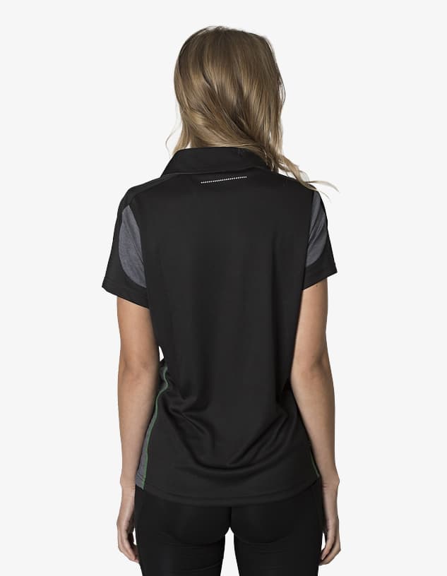 A black women's polo shirt with grey accents, featuring a logo on the back.