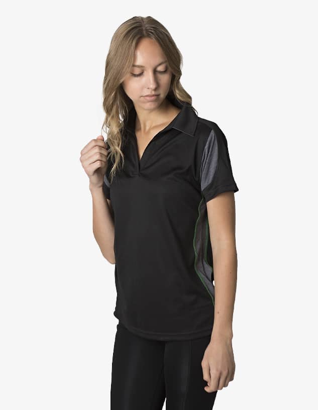 A women's black polo shirt with contrasting grey accents and a logo on the chest.