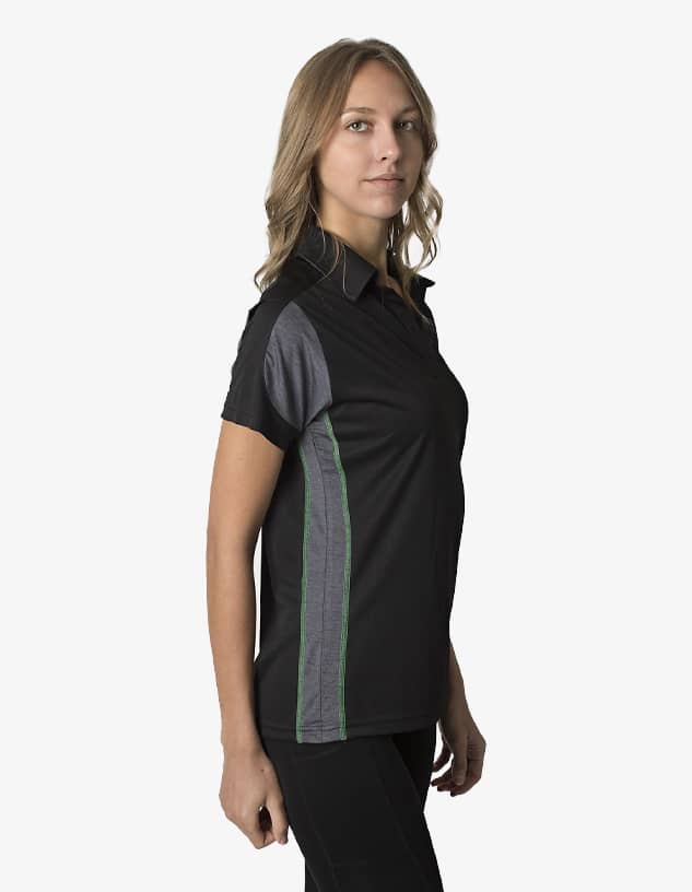 A women's polo shirt in black with grey accents and a logo. Short sleeves and a collared design.