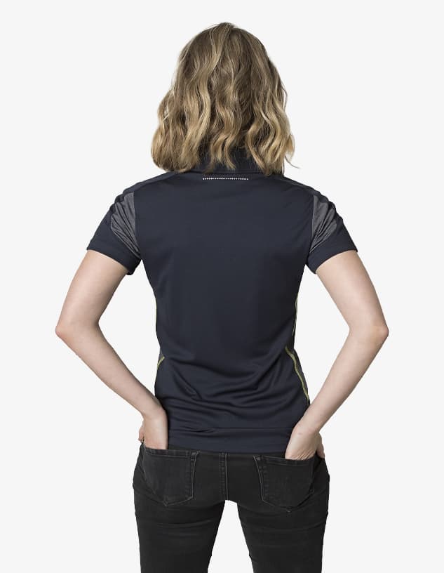 A women's polo shirt in navy with grey accents, featuring a logo on the back.