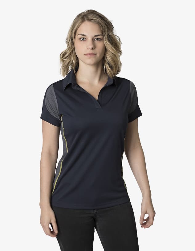 A navy women's polo shirt with a collared neckline and short sleeves, featuring contrasting detailing and a logo.