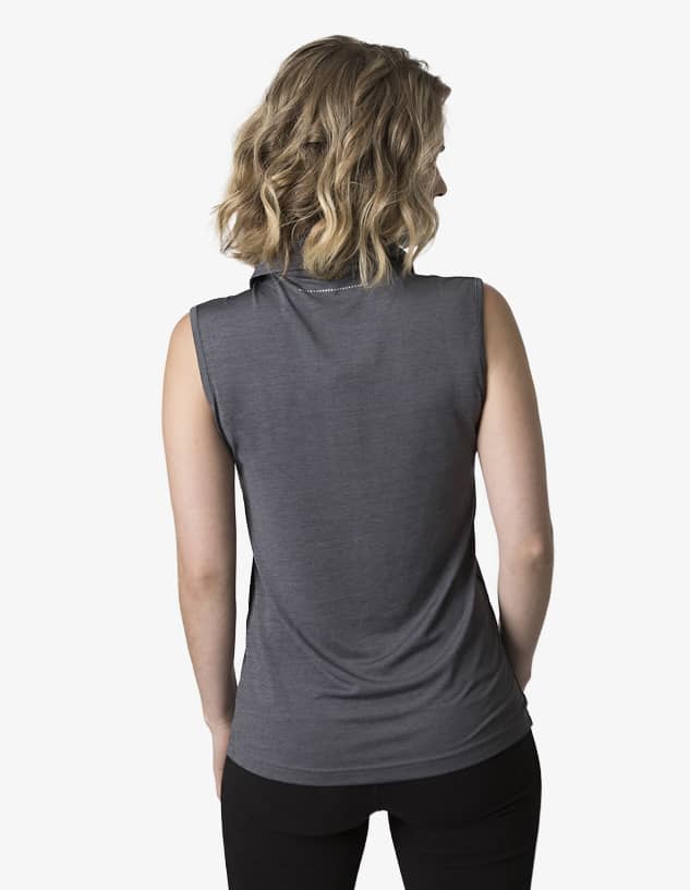 A grey ladies' sleeveless polo shirt, featuring a simple design and a logo on the back.