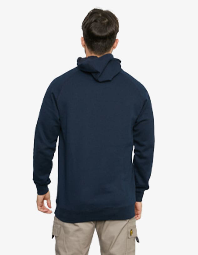 A navy blue hoodie with a hood, featuring a logo on the back, displayed on a model.