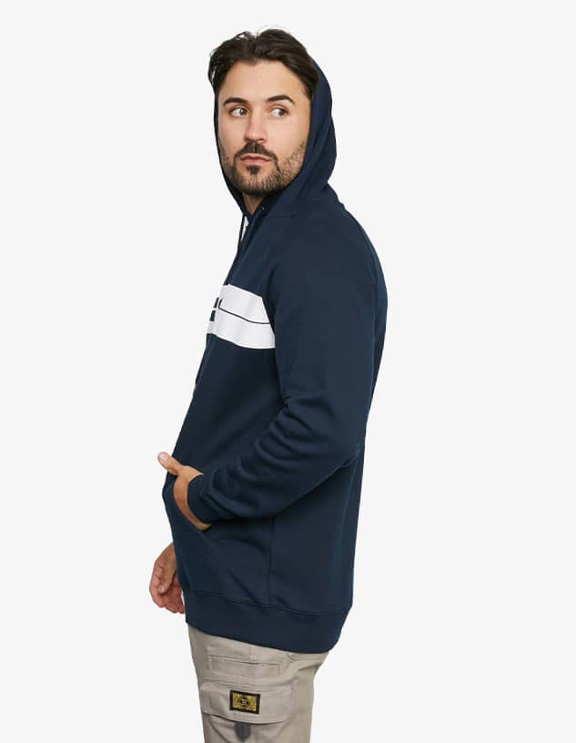 A navy hoodie with a white stripe design, featuring a kangaroo pocket and a logo. Model shown wearing it.