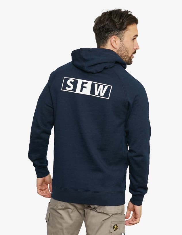 A navy hoodie with a logo on the back, featuring a hood and long sleeves.