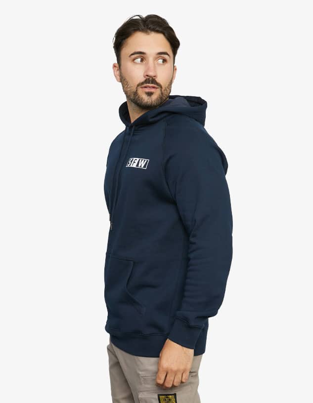 A navy hoodie with a front pocket and a logo on the chest, featuring a hood and a relaxed fit.
