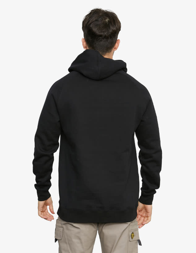 A black hoodie with a kangaroo pocket and a lined hood, featuring a branding logo on the back.