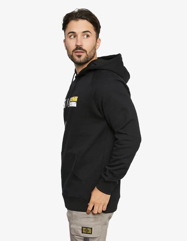 A black hoodie with a front pocket and a logo, featuring a model in a casual pose.