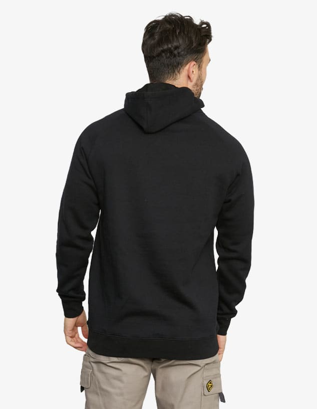 A black hoodie featuring a back view with a hood and long sleeves. It has a logo on the clothing.