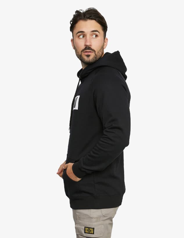 A black hoodie with a front pocket, featuring a logo on the chest and a drawstring hood.