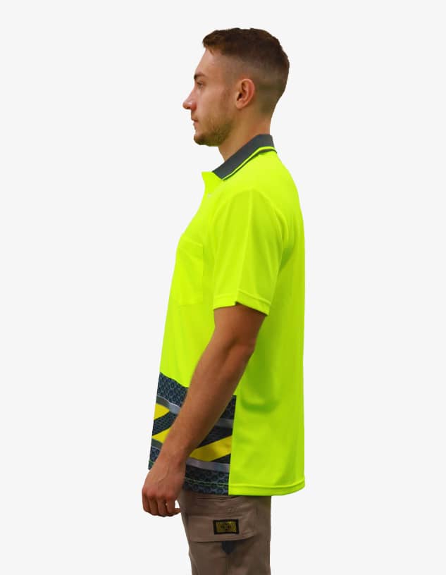 A side view of a men's polo shirt in bright yellow with a patterned lower section and a collar. It features a logo.