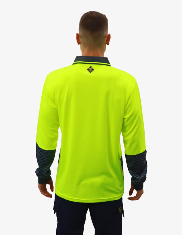 A bright yellow work polo shirt with navy sleeves and a logo on the back.