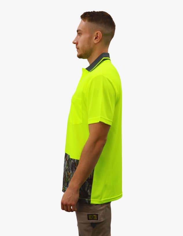 A high-visibility lime green polo shirt with a patterned hem and a chest pocket. It features a logo.