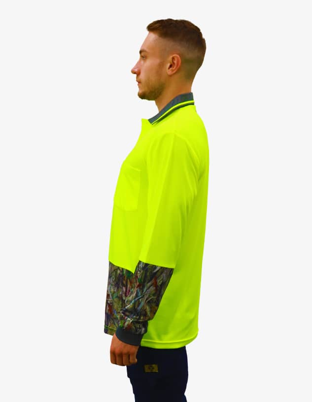 A long-sleeved high-visibility polo shirt in bright yellow with patterned sleeves and a logo detail.