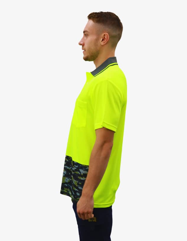 A bright yellow polo shirt with a camouflage pattern at the bottom and a pocket on the front. It features a branding logo.