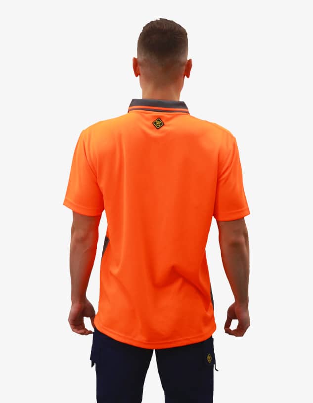 An orange polo shirt with a contrasting collar and a logo on the back, designed for workwear.
