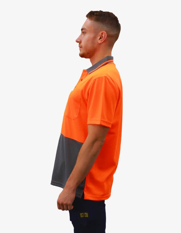 A high-visibility work polo shirt in orange and grey, featuring a branding logo, with a collar and pocket.