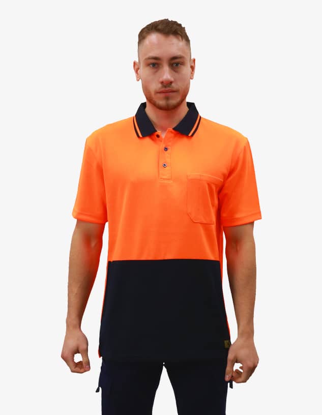 An orange and navy work polo shirt with a pocket and a logo. Features a collared design and short sleeves.