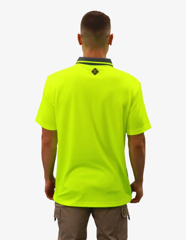 A bright yellow work polo shirt with a contrasting collar and a logo on the back.