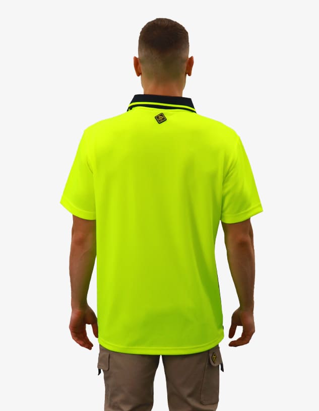 A men's polo shirt in high visibility yellow with a contrasting collar and a logo on the back.