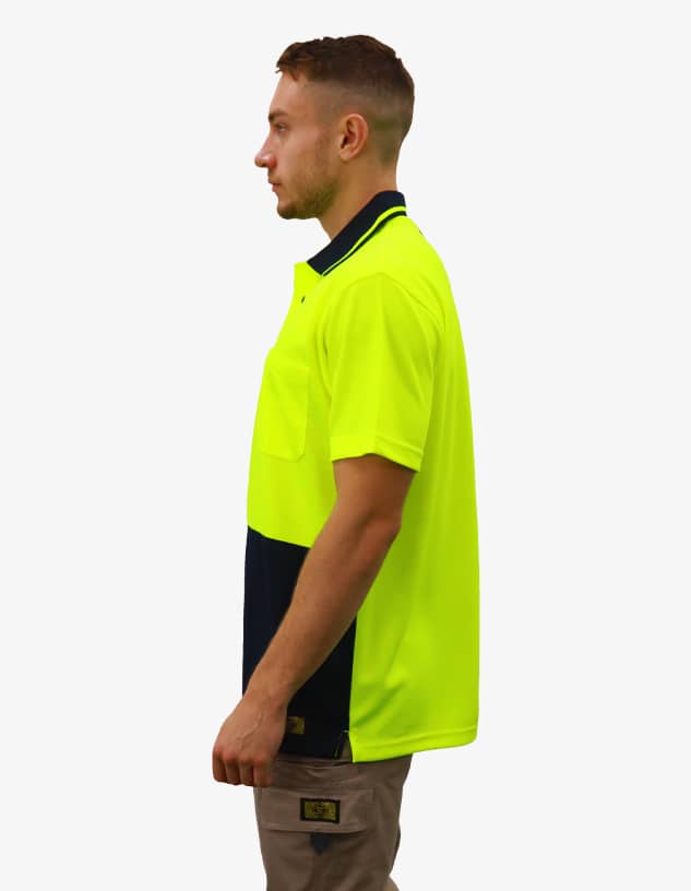 A high-visibility work polo shirt in bright yellow and navy, featuring a pocket and a logo on the side.