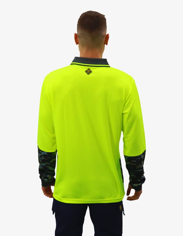 A neon yellow work polo shirt with camouflage-patterned long sleeves and a logo on the back.