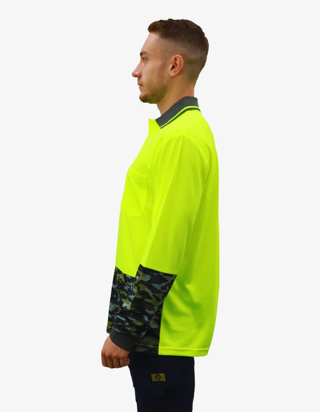 A high-visibility yellow work polo shirt with camouflage-patterned sleeves and a grey collar.