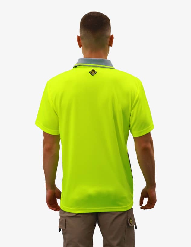 A bright high-visibility yellow polo shirt with a contrasting collar and branding on the back.