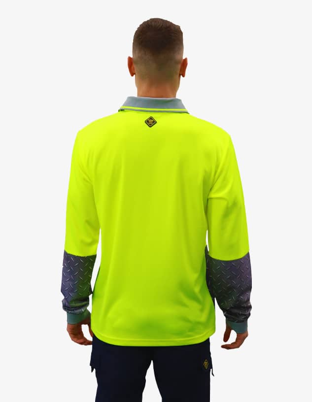 A bright yellow polo shirt featuring grey patterned sleeves and a logo on the back.