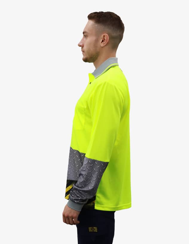 A bright yellow polo shirt with grey diamond-patterned sleeves and a logo on the front.
