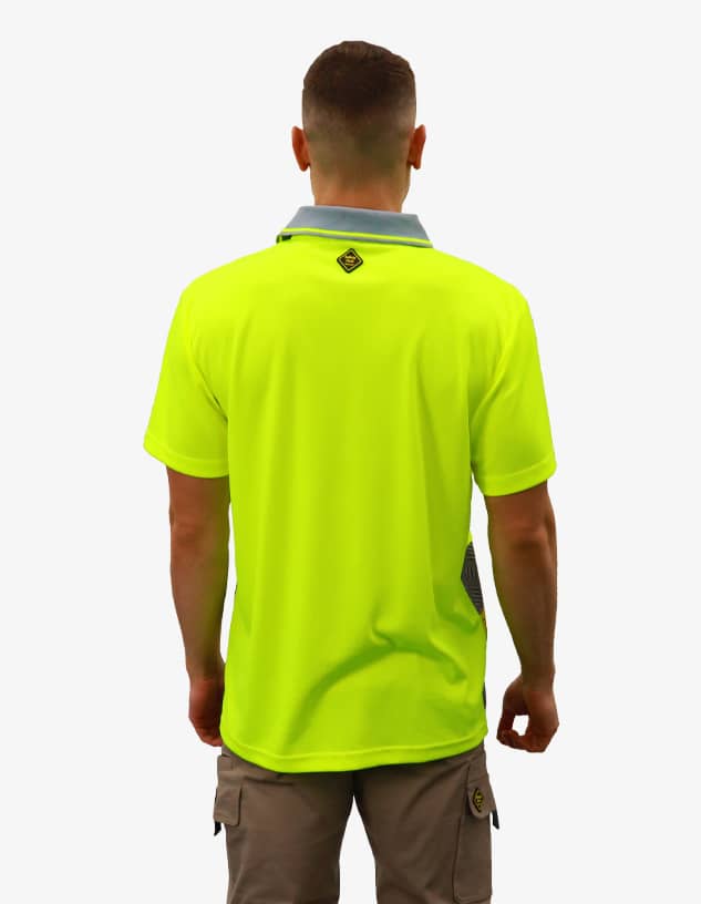 A work polo shirt in fluorescent yellow with a grey collar, featuring a logo on the back.