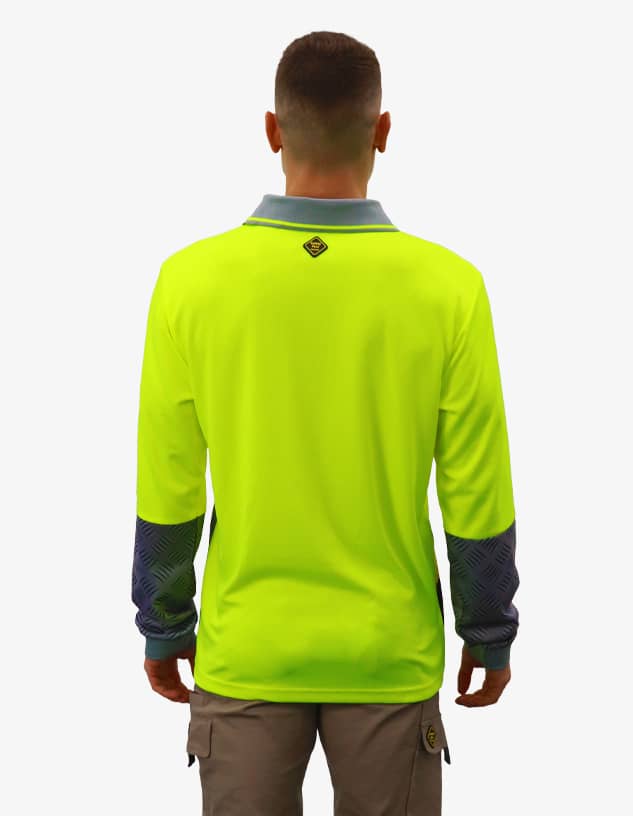 A long-sleeve polo shirt in bright yellow with navy blue sleeves and a collar, featuring a logo.