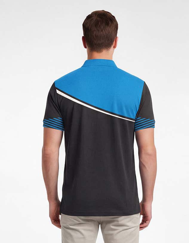 A polo shirt featuring a blue and black design with striped sleeves and a logo on the back.