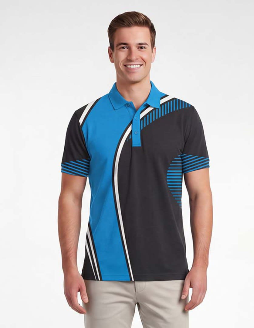 A polo shirt featuring blue, black, and white colours with a geometric pattern and a logo on the chest.