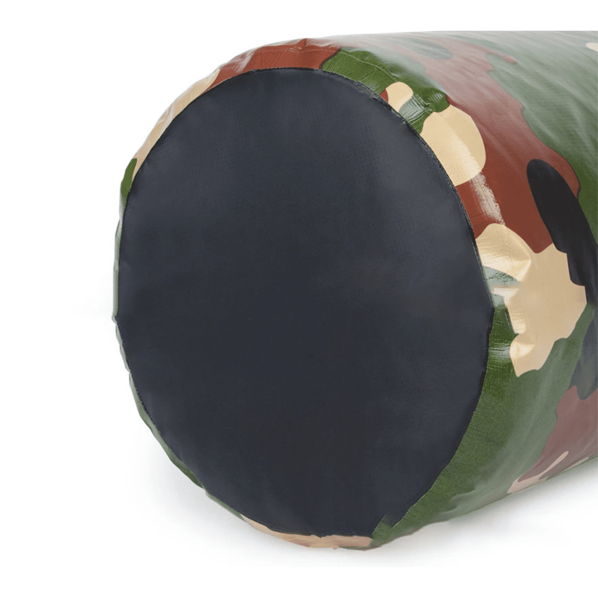 A waterproof dry bag in camouflage design with a dark base and a solid top. It features a logo.