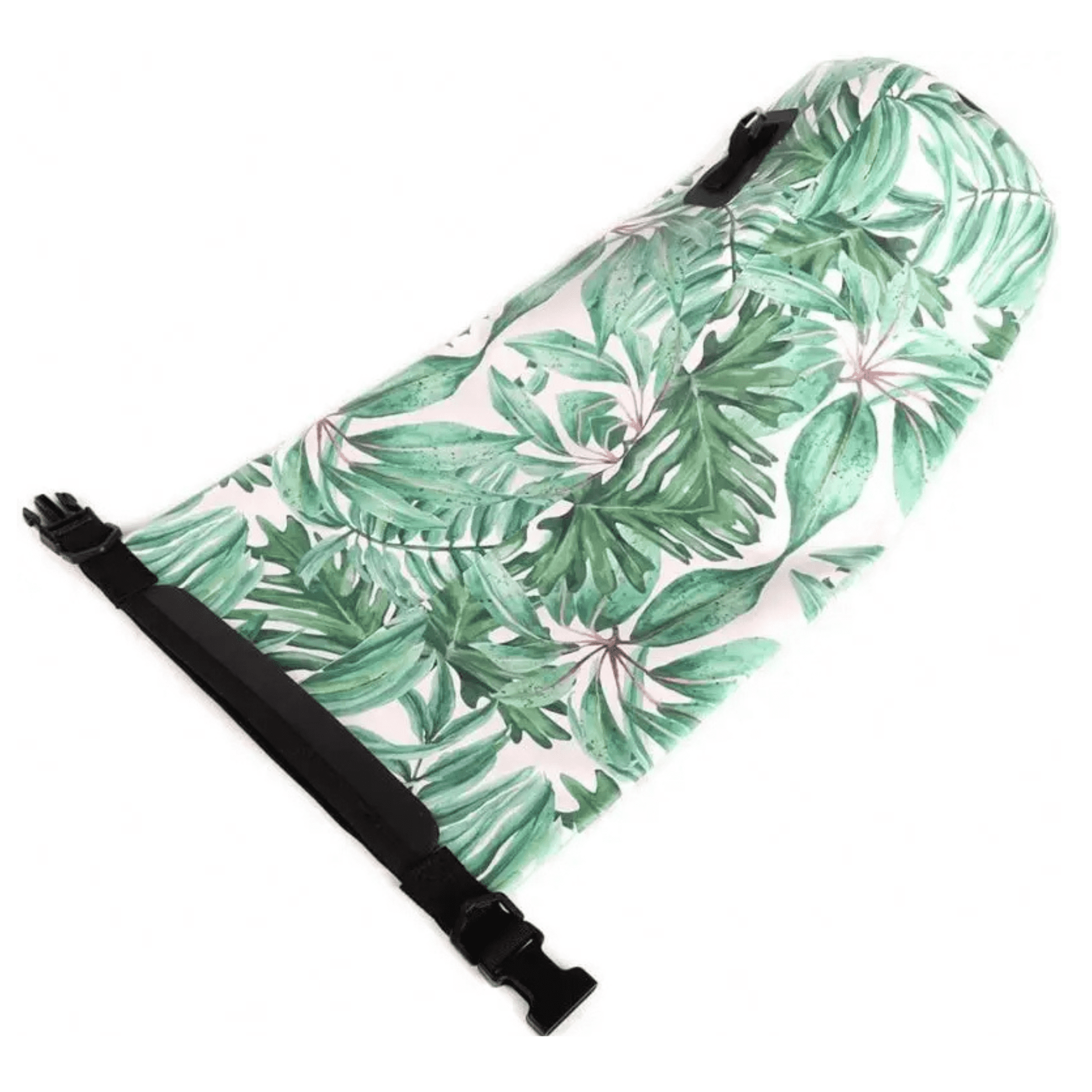 A waterproof dry bag featuring a green leaf pattern and a black strap, designed for outdoor activities.