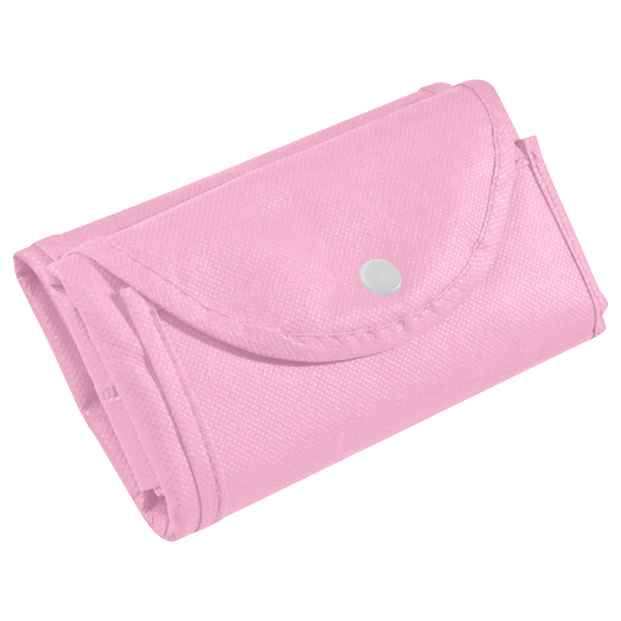 A foldable non-woven shopping bag in pink, compactly folded with a snap closure and featuring a logo.