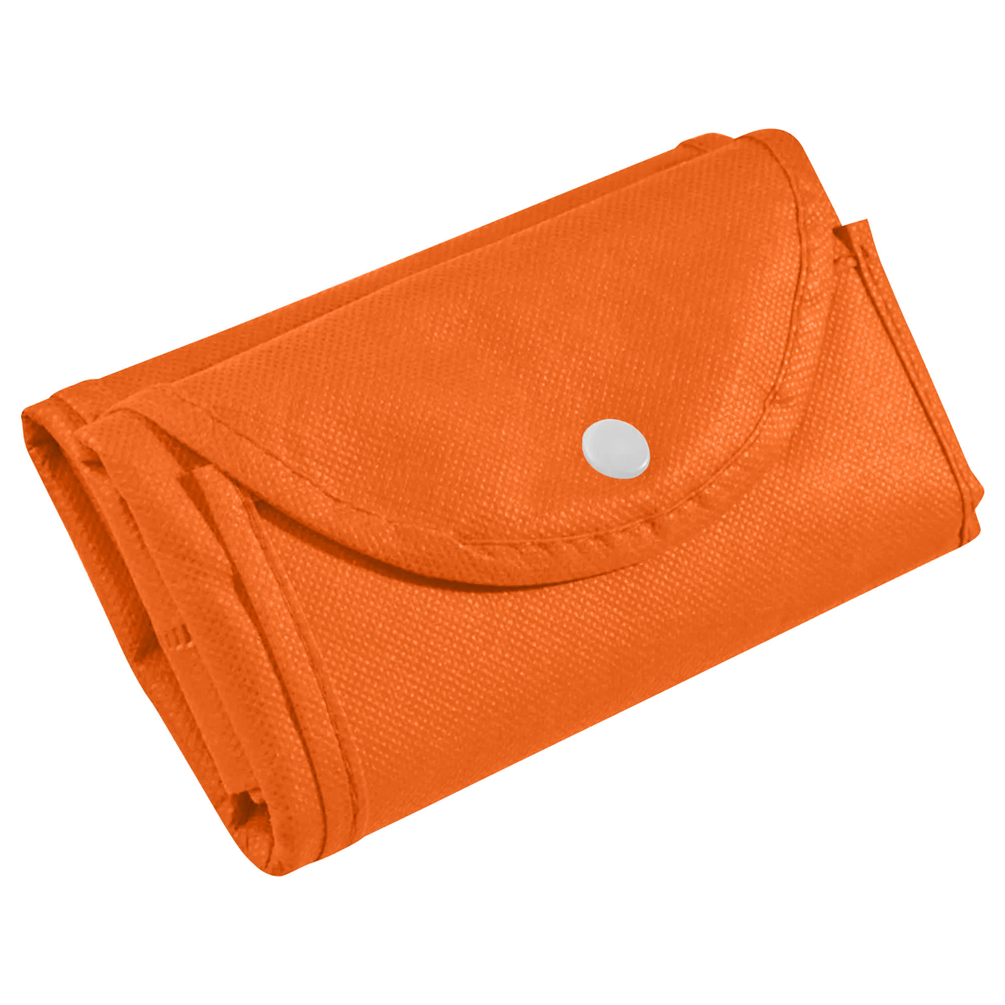 An orange foldable non-woven shopping bag, compactly folded and secured with a snap closure.