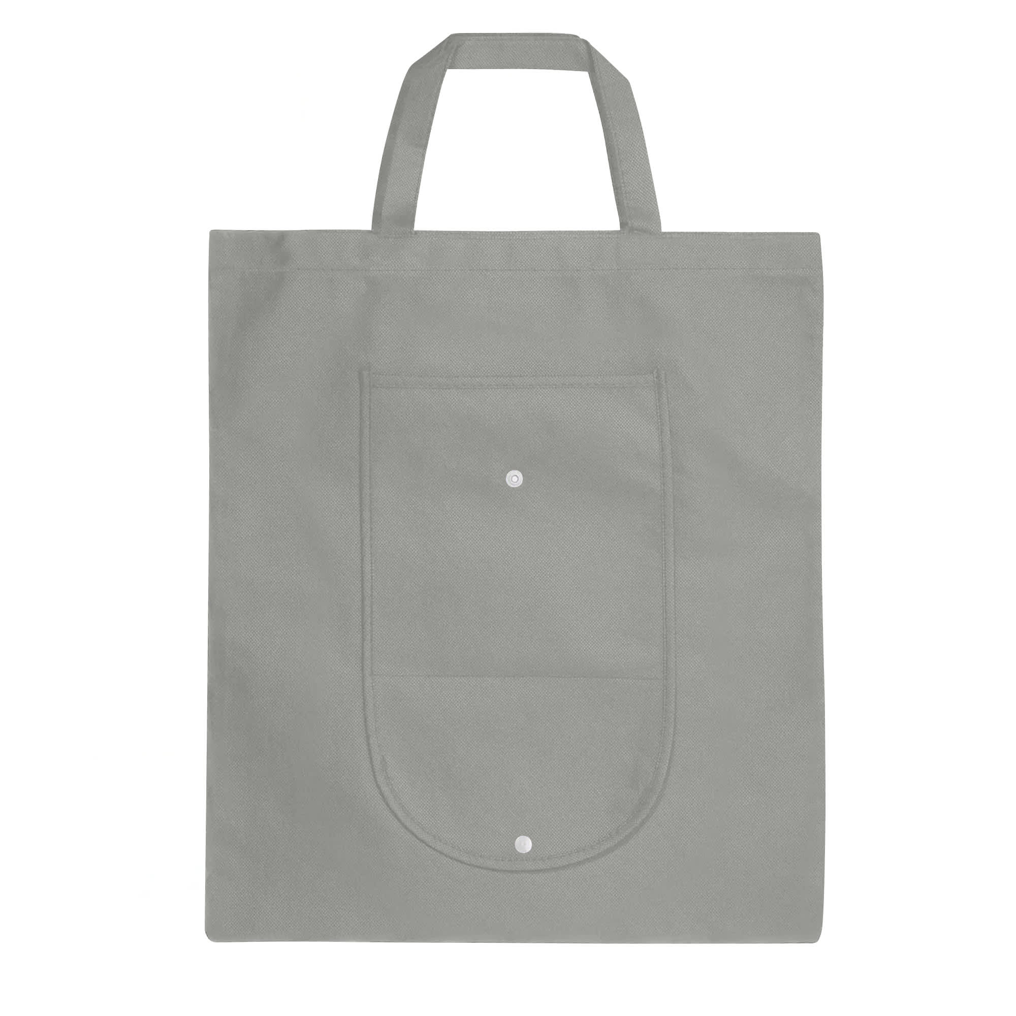A foldable grey non-woven shopping bag with two handles and a front pocket, featuring a logo.