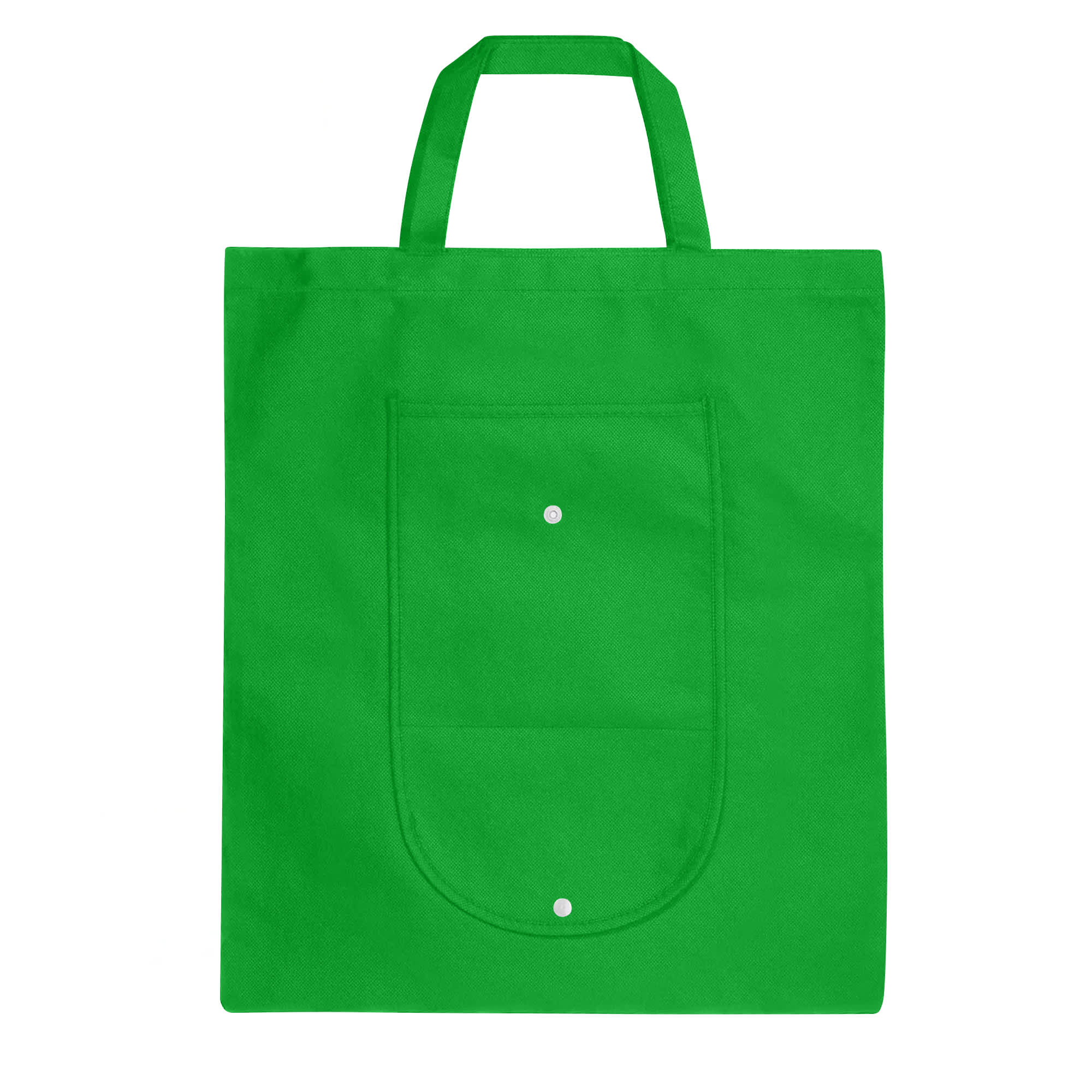A green foldable non-woven shopping bag with two handles and a front pocket. It has a logo on the front.