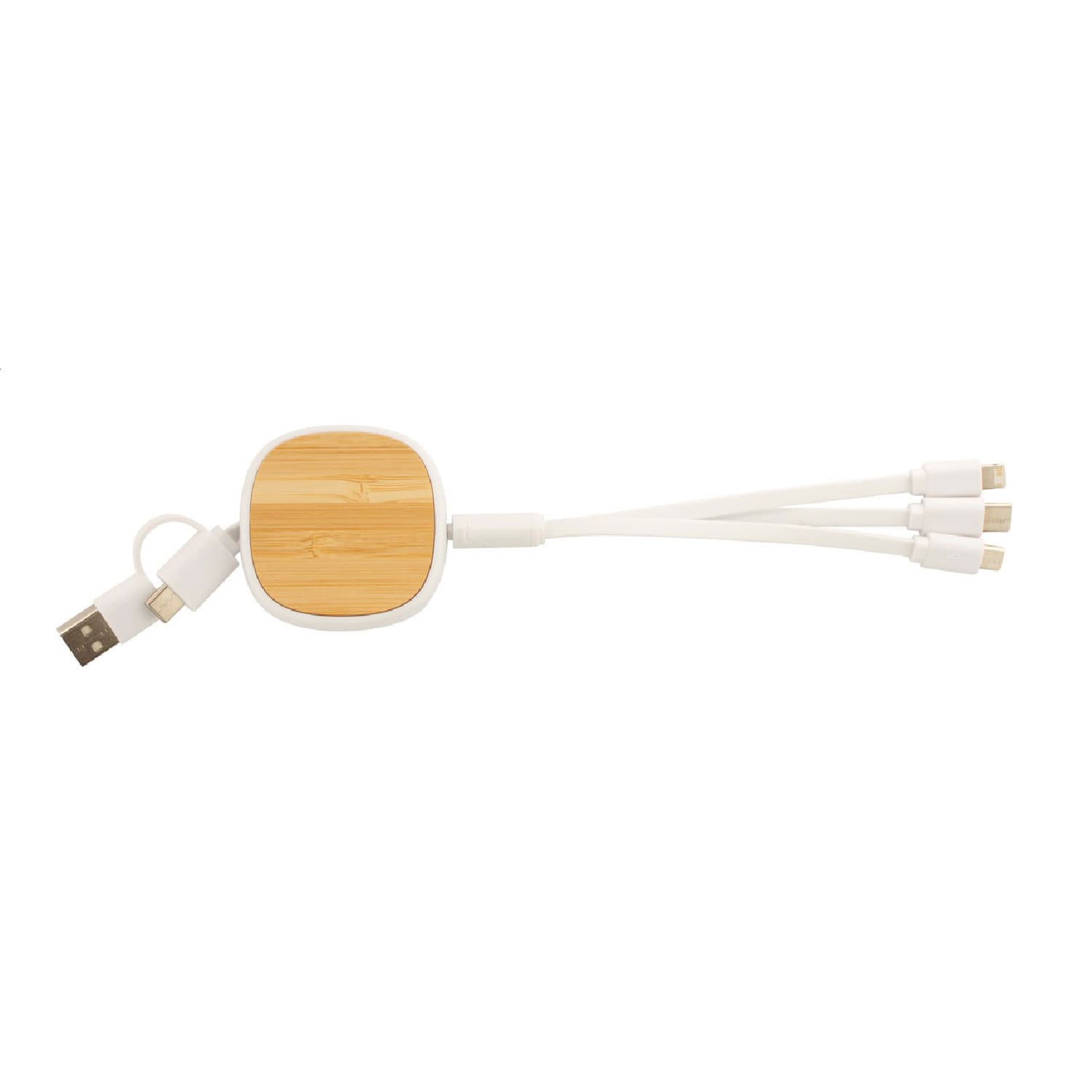 A USB charger cable with a bamboo and white recycled ABS body, featuring three detachable connectors.