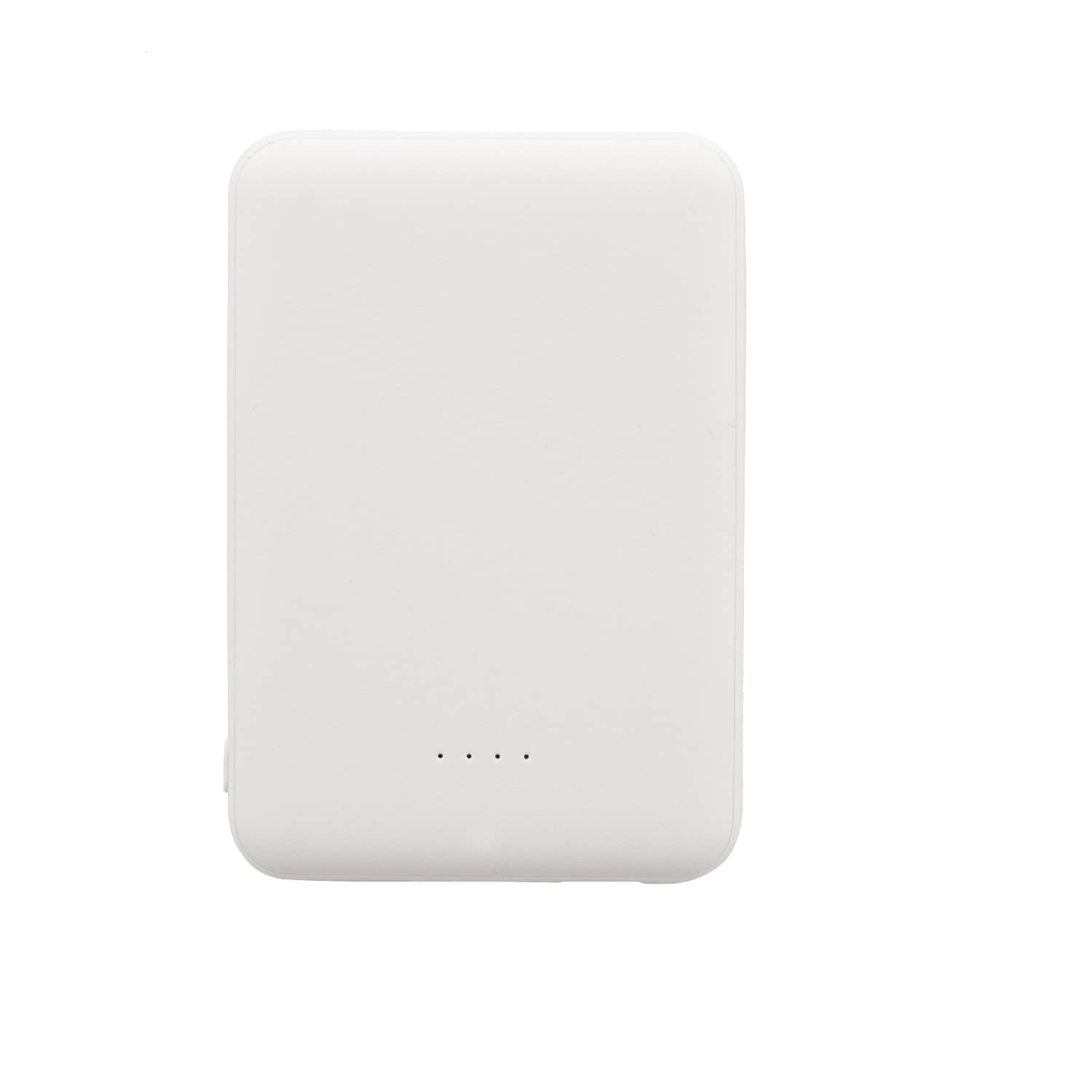 A white power bank made from recycled ABS material, featuring indicator lights and a compact design.