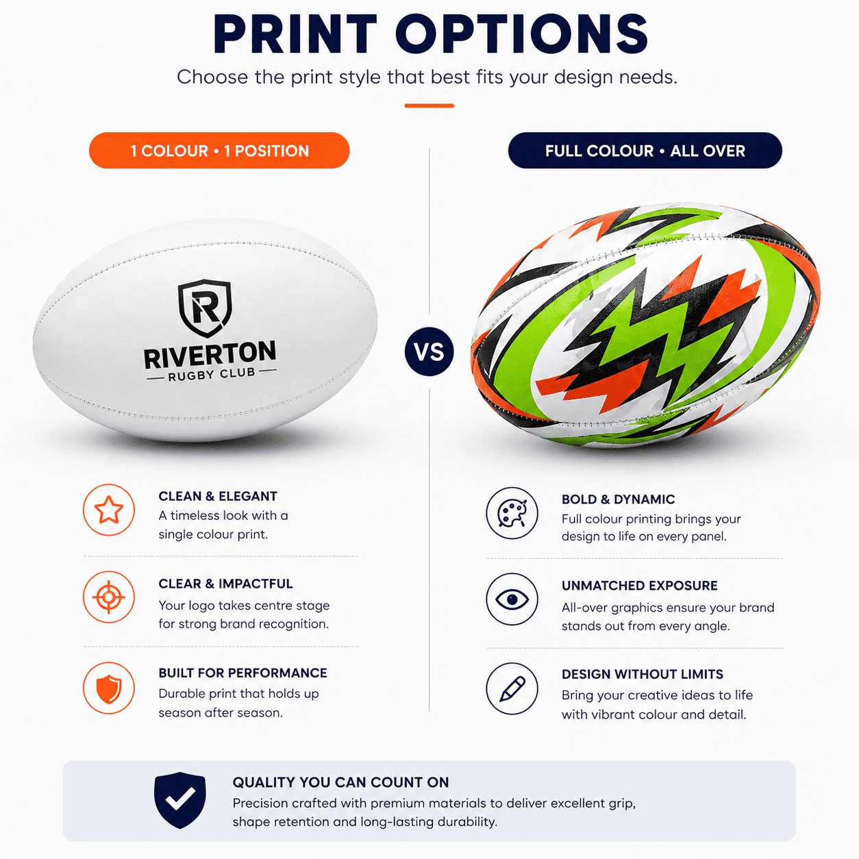 A rugby ball with a dynamic colour design featuring green, orange, and white, alongside a plain white ball with a logo.