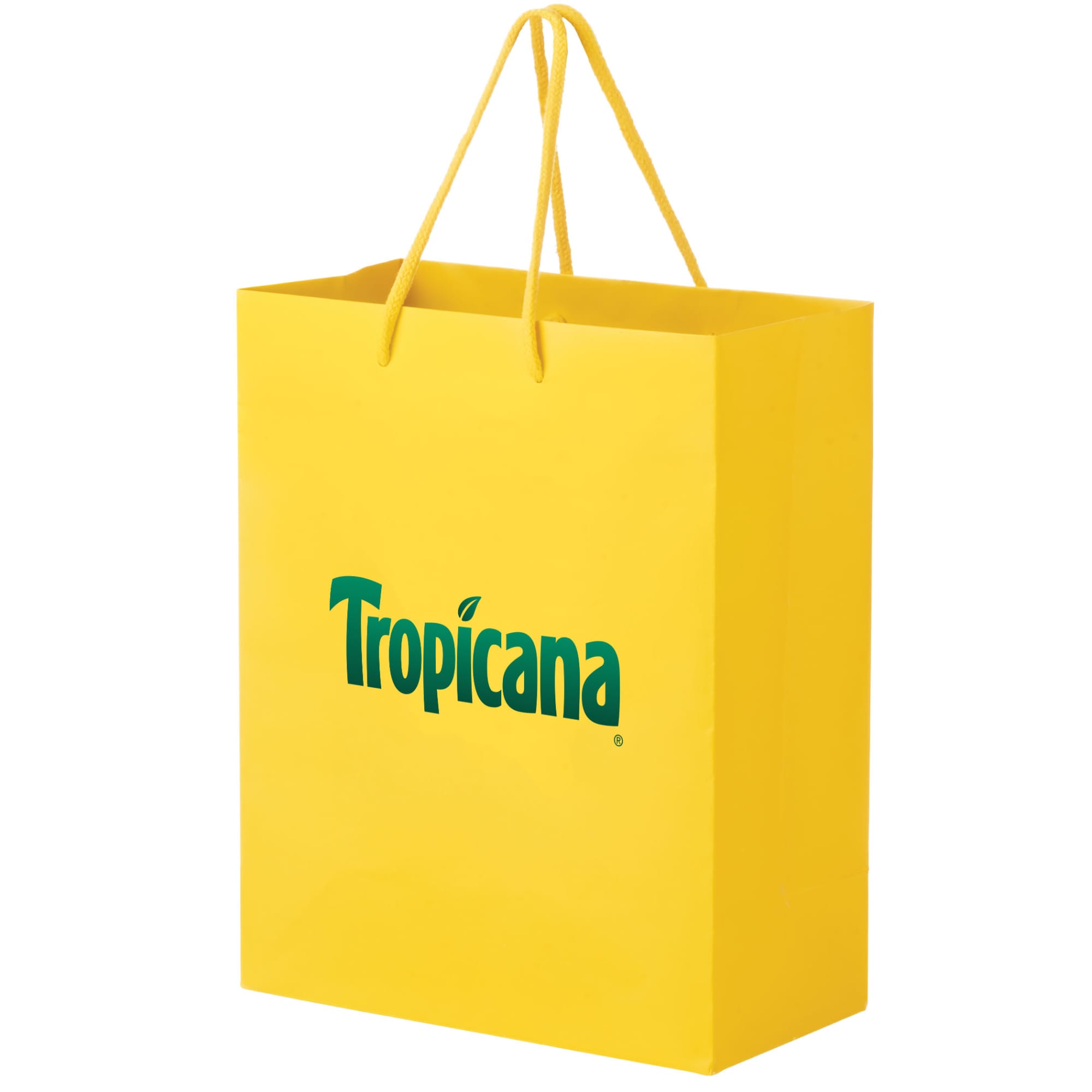 A yellow laminated bag with handles and a logo. It's an extra large size, suitable for paper bag use.