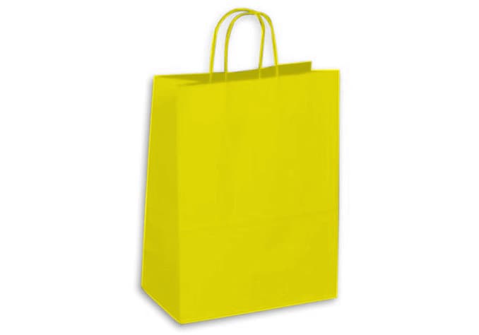 A large yellow kraft paper bag with two handles and a plain design. It features a logo on the side.